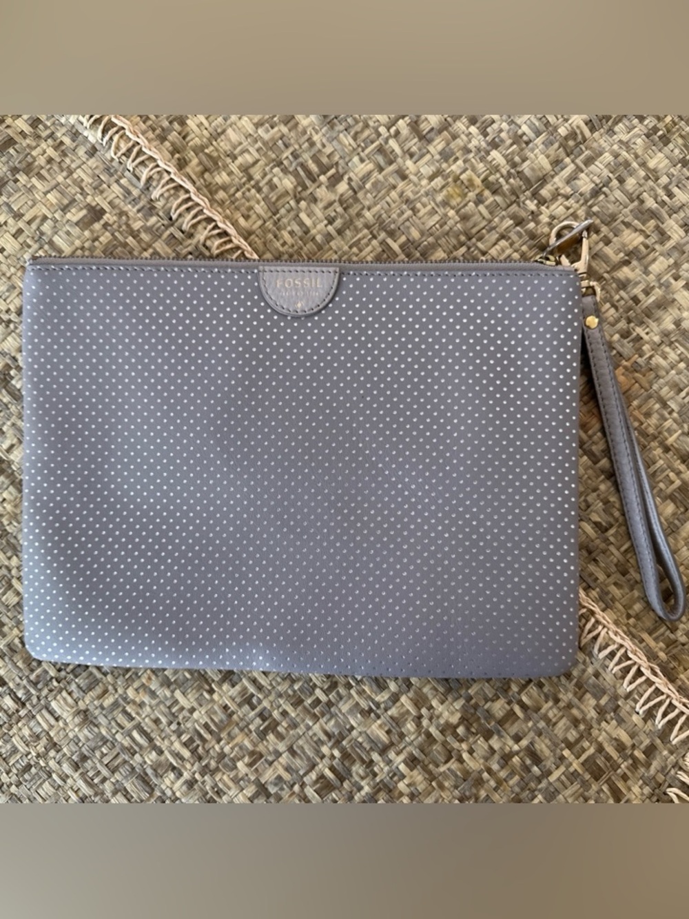 Fossil Large Wristlet Grey Leather Exterior Silver Polka Dots With Strap 7 In